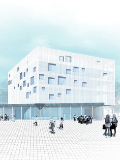 Design as a cube, 6-storey with a large, open glass foyer on which the other storeys sit, rotated by 45°