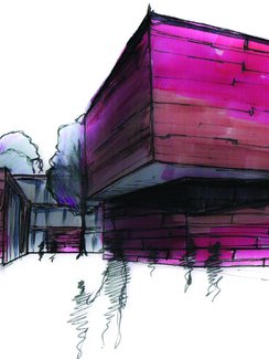 Sketched entrance area of the design with a protected inner courtyard, in red colour